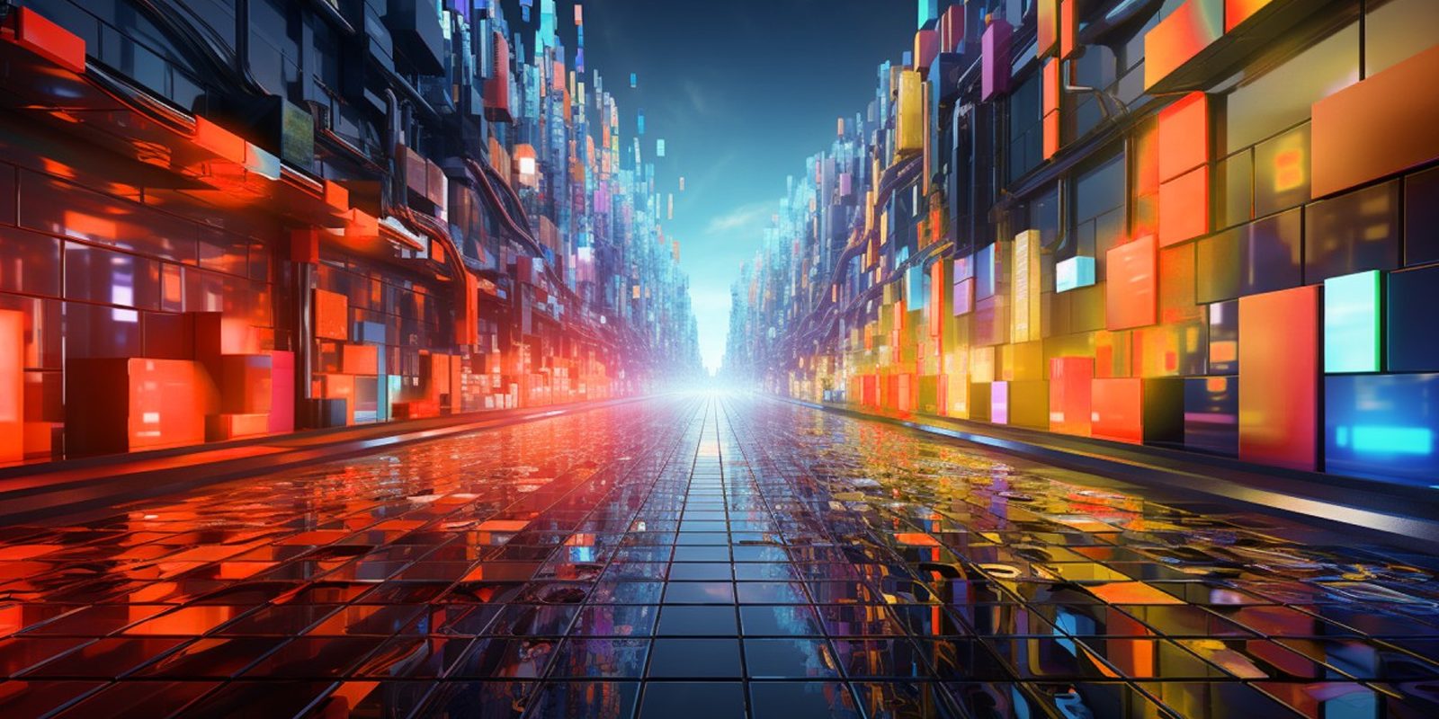 Abstract corridor of glowing digital blocks converging on a bright light in the distance