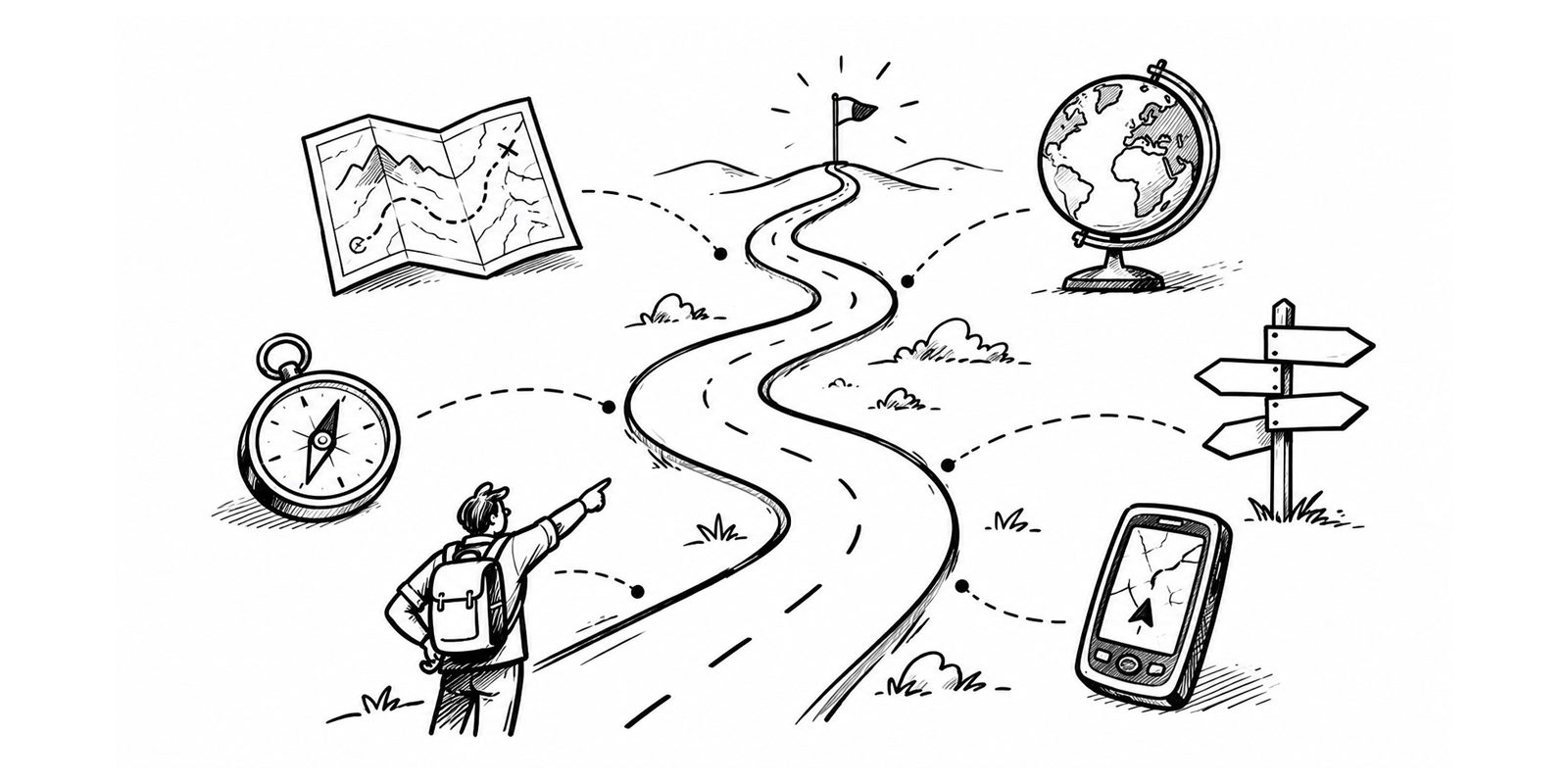Hand-drawn sketch of a hiker pointing down a winding road toward a flag on the horizon, surrounded by a map, a compass, a globe, a signpost and a navigation phone