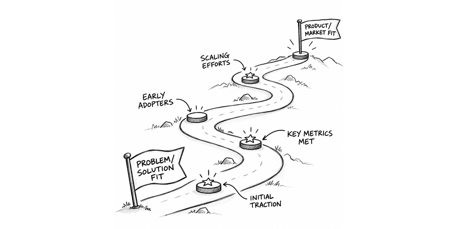 Hand-drawn winding road from a flag reading Problem/Solution Fit to a flag reading Product/Market Fit, with milestone markers along the way labelled Initial Traction, Early Adopters, Key Metrics Met and Scaling Efforts