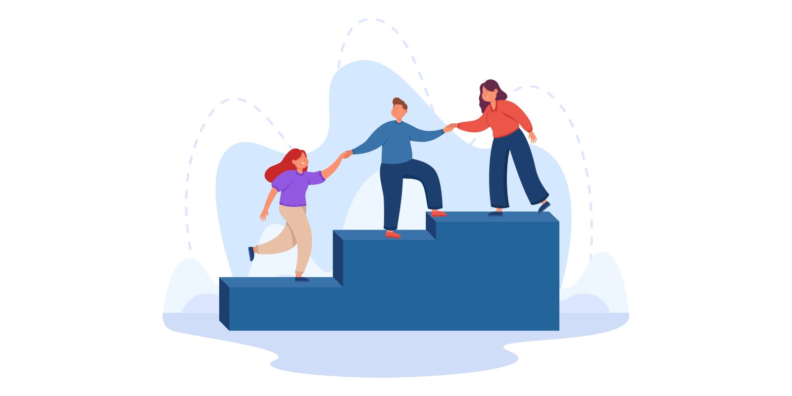 Illustration of three people climbing a rising set of blue steps, each reaching back to pull the next one up