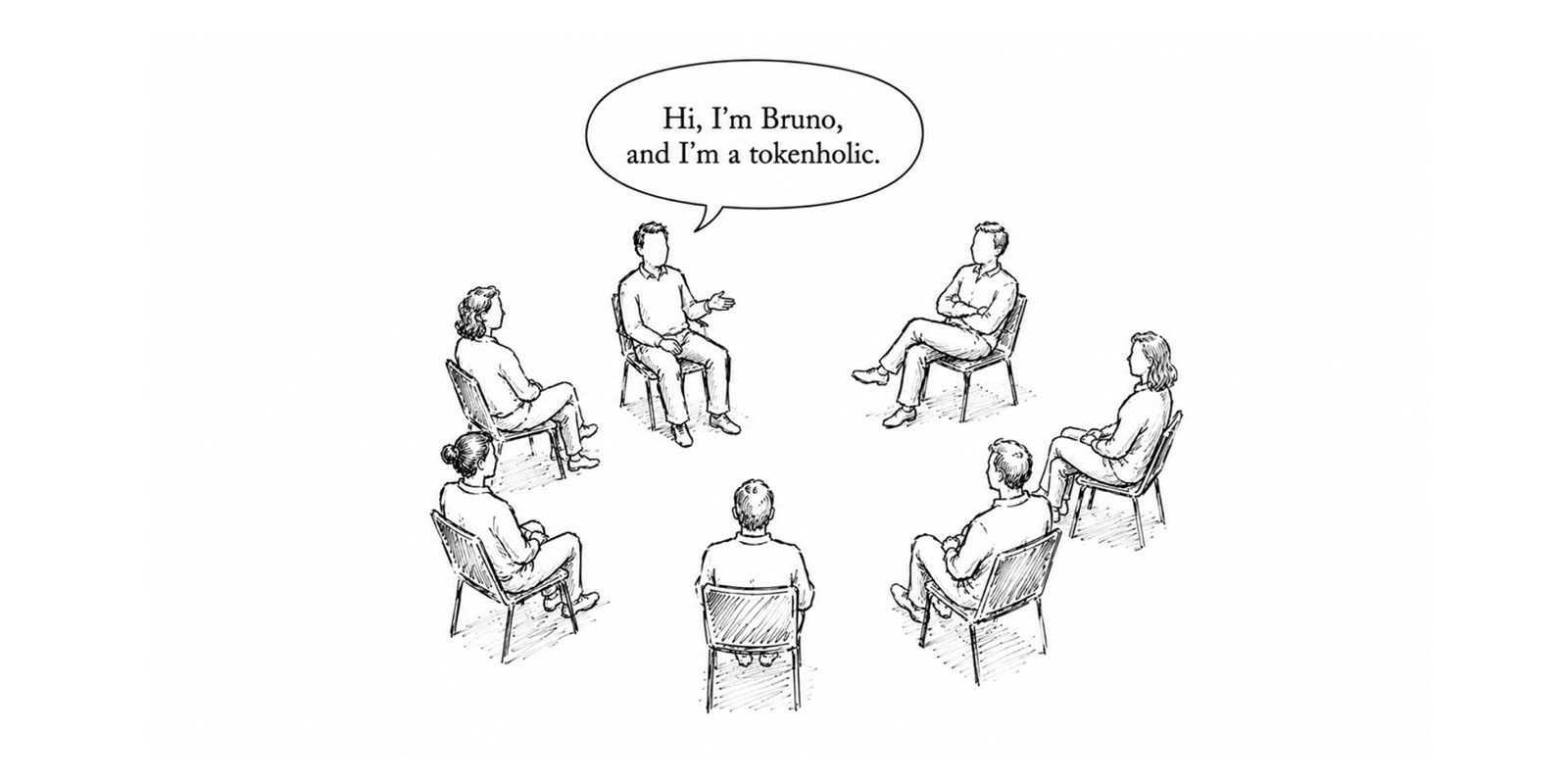 Cartoon support group seated in a circle of chairs, one man saying 'Hi, I'm Bruno, and I'm a tokenholic'