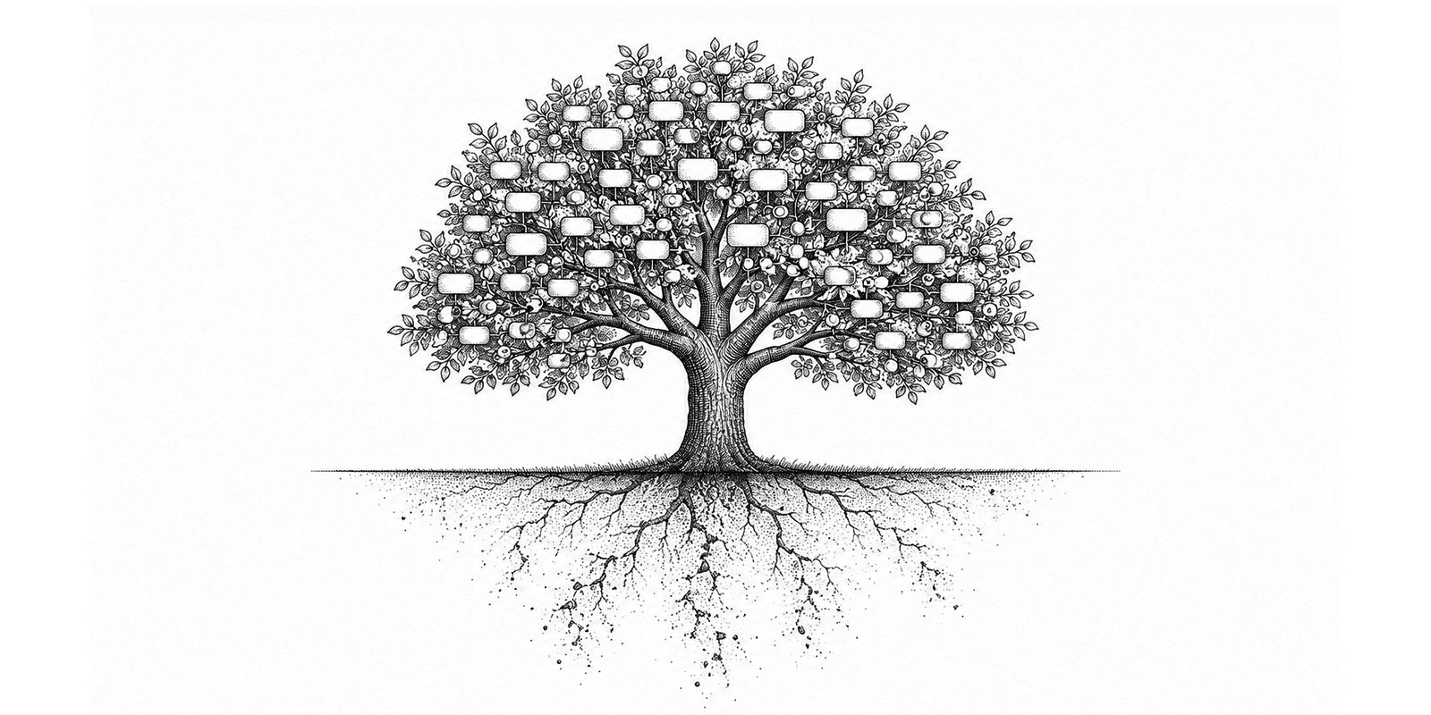 Ink drawing of a tree with blank labels filling its canopy and a deep root system hidden below ground